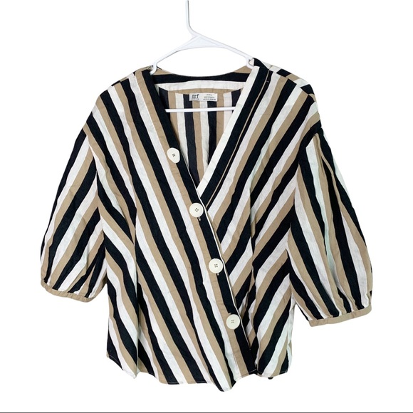 Zara Tops - ⭐️SALE⭐️Zara Linen Strip Button Top White Tan Medium Quarter Sleeve Asymmetric